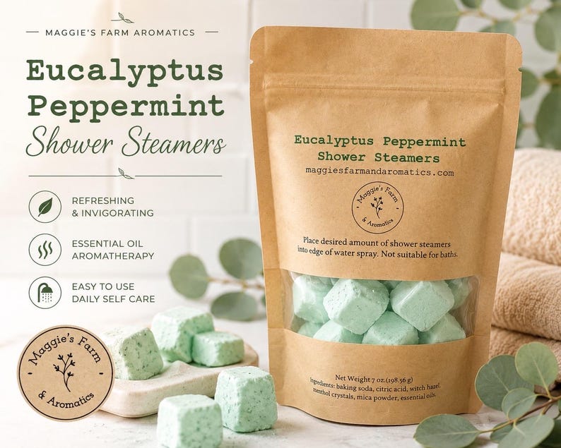 eucalyptus peppermint shower steamers. green cubes in a kraft ziplock bag.
