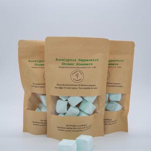 Handmade aromatherapy shower steamers by Maggie’s Farm and Aromatics in eucalyptus peppermint scent.