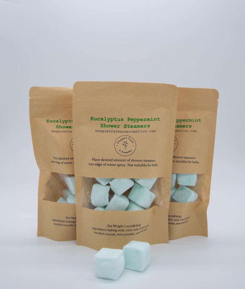 Handmade aromatherapy shower steamers by Maggie’s Farm and Aromatics in eucalyptus peppermint scent.