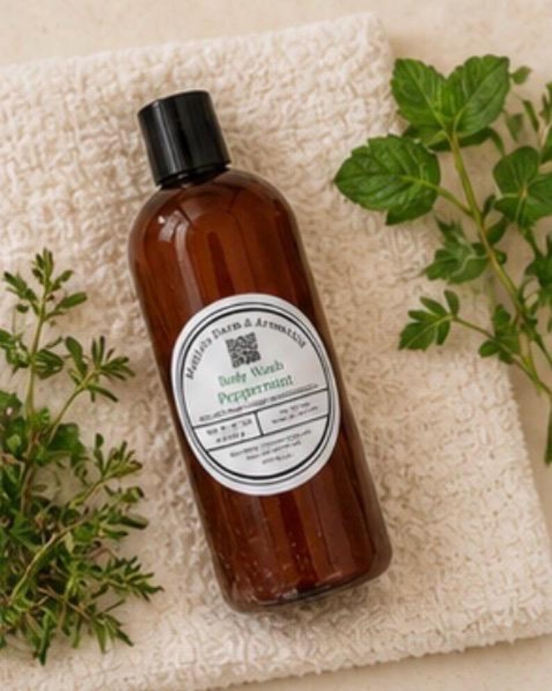 May include: A brown bottle of body wash with a black cap and a white label that reads "Body Wash Peppermint." The bottle is on a white towel with green sprigs of mint and other herbs.