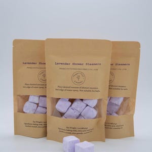 Handmade aromatherapy shower steamers by Maggie’s Farm and Aromatics in lavender scent.