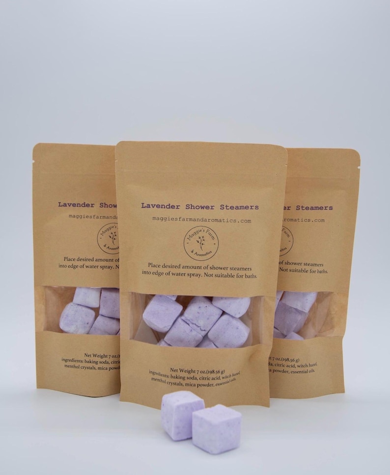 Handmade aromatherapy shower steamers by Maggie’s Farm and Aromatics in lavender scent.