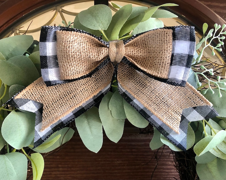 Handmade Farmhouse Decorative Bow - Black\/White Buffalo Plaid Reversed Style