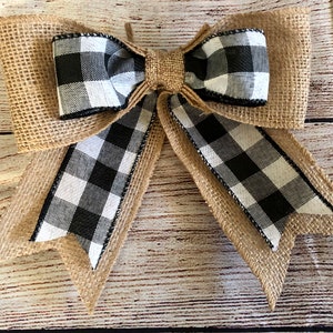 Handmade Decorative Craft Bow - Black/White Buffalo Plaid with Burlap - Farmhouse Bow