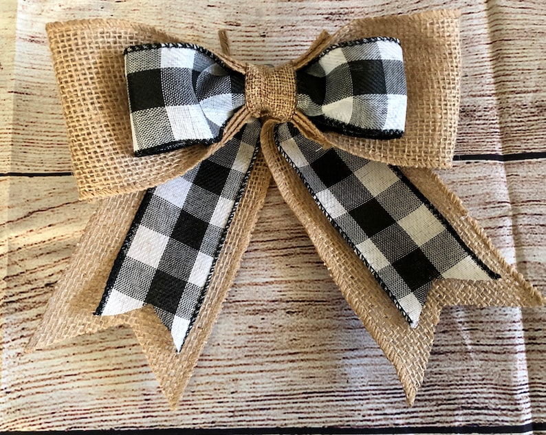 Handmade Decorative Craft Bow - Black\/White Buffalo Plaid with Burlap - Farmhouse Bow