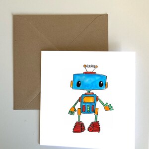 Little Blue Robot illustration square greeting card
