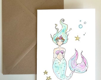 Mermaid hand drawn greetings card