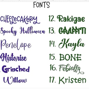 May include: A font selection chart titled FONTS featuring twenty-three numbered options in red, purple, green, and blue. The list includes styles like Crista, Emanie, Husband, Monster, Makultan, Cheesecakery, Spooky Halloween, Penelope, Historise, Grinched, Willow, Rakigae, Graffiti, Kayla, Bone, Febiolla, Kristen, Dream, Daisy, Spacie, Girl, Thick, and Gingers.