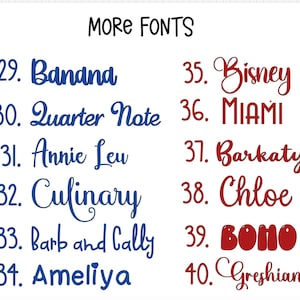 May include: A font selection chart titled MORE FONTS displaying numbered options 24 through 45. The list features various typographic styles in orange, blue, and red, including names like Analog, Blackadder, AUTUMN, Gelato, Data 70, Banana, Quarter Note, Annie Leu, Culinary, Barb and Cally, Ameliya, Bisney, MIAMI, Barkaty, Chloe, BOHO, Greshian, Sunlight, Andari, Flirt, Lovely time, and Outside.