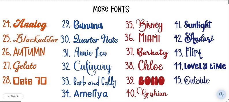 May include: A font selection chart titled MORE FONTS displaying numbered options 24 through 45. The list features various typographic styles in orange, blue, and red, including names like Analog, Blackadder, AUTUMN, Gelato, Data 70, Banana, Quarter Note, Annie Leu, Culinary, Barb and Cally, Ameliya, Bisney, MIAMI, Barkaty, Chloe, BOHO, Greshian, Sunlight, Andari, Flirt, Lovely time, and Outside.
