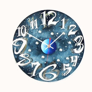 Mod Disk Sky-Very Cool Clocks-Modern Wall Clocks-Abstract Clocks-Round Clocks-Circle-Hand Painted-Blue-Sky-Home Decor-Office-Great Gift