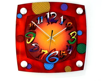 TV Mod Red - Very Cool Clocks - Wall Clocks - Square - Red - Hand Painted - Mixed Media - Home Decor - Office - Wall Art - TV - Great Gift