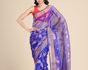 VENURATI Exclusive Handmade Muslin Jamdani Saree with Blouse Piece, Handwoven Dhakai Jamdani Maslin Saree, Transparent Jamdani Sari