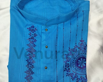 Hand painted Pure Cotton Kurta for Men's, Indian Style Men's Kurta, Handpaint Punjabi for Men's, Gift For Husband