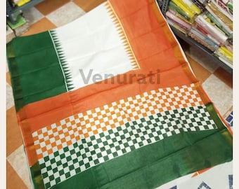 Tri Color Kerala Cotton Saree for Indian Independence Day, Tiranga Saree for 15th August, Soft Cotton Saree, Hand Painted Cotton Saree