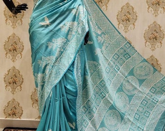 Authentic Bishnupuri Silk Saree Block Print Dual Tone Katan Silk Saree With Silk Mark Silk Saree With Blouse Piece