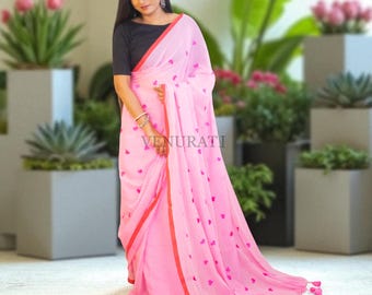 Pink Handloom Cotton Saree, Embroidered Pompom Saree, Pure Molmol Cotton Saree