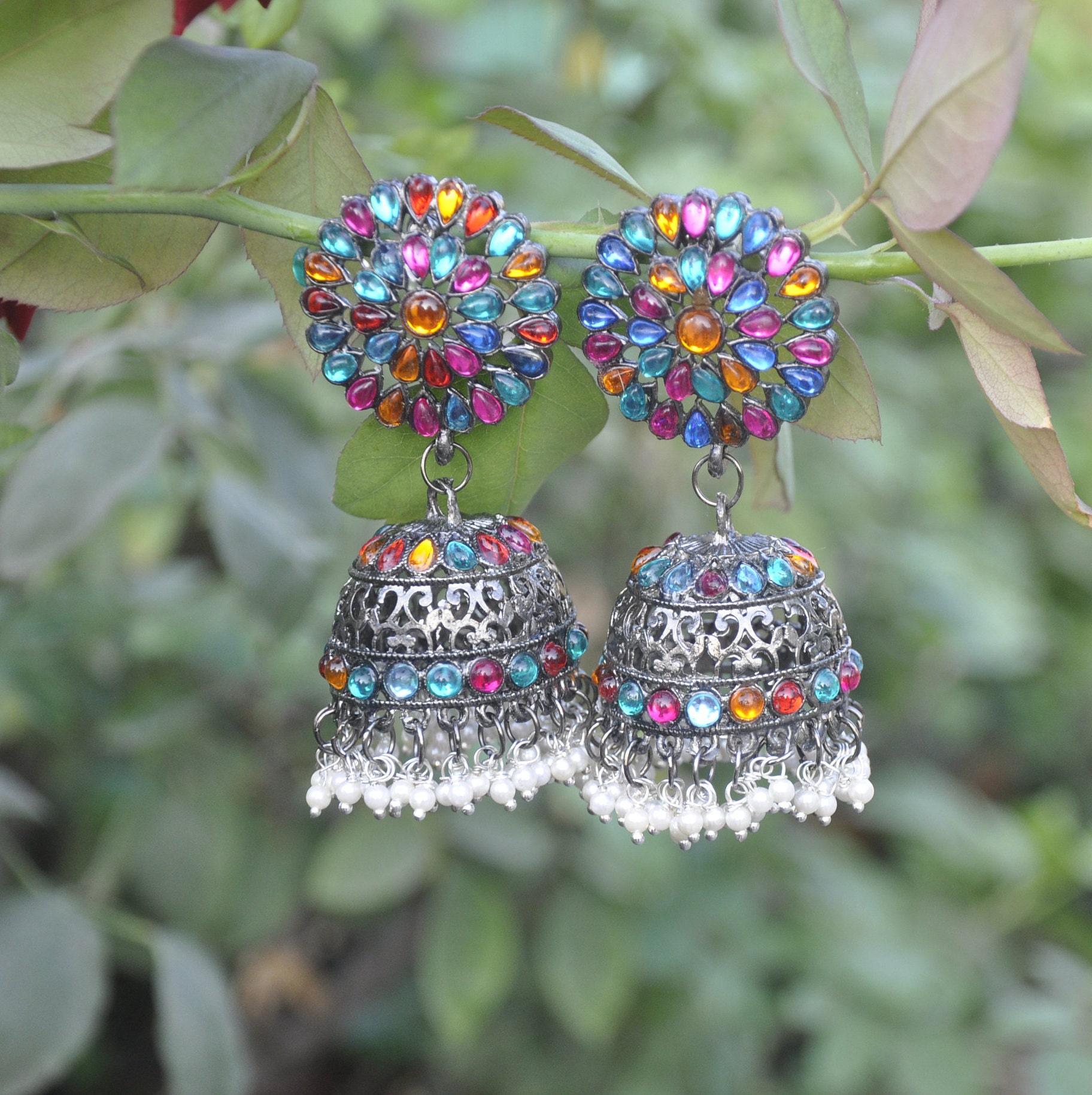 Multicolor stone studded Laxmi motif oxidised Earrings with hanging pe –  StylishKudi