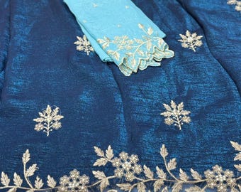 Crunchy Silk Saree with Scallop Embroidery Border | Elegant Party Wear Saree with Embroidered Blouse | Aari Work Silk Saree | Party Wear