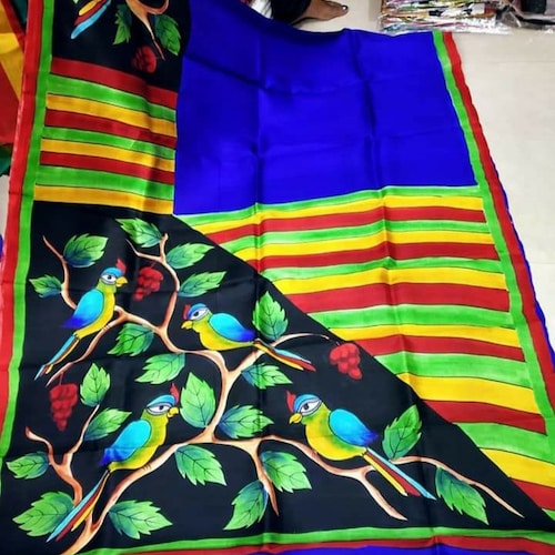 Authentic Murshidabad Silk Saree All Over Hand Paint Work Pure Handloom Soft Murshidabadi Silk Sari hotsell With Blouse Piece | Gift For Durga Puja