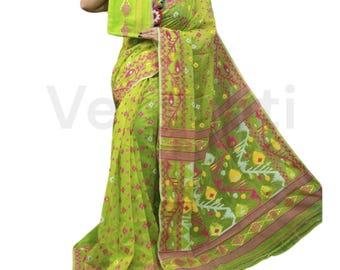 May include: A green and pink patterned saree with a floral design. The saree is made of a lightweight fabric and has a delicate, flowing drape.