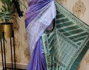 Authentic Bishnupuri Silk Saree Block Print Dual Tone Katan Silk Saree With Silk Mark Silk Saree With Blouse Piece