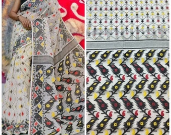 Dhakai Jamdani Saree - Handwoven Jamdani Saree, Soft Cotton Saree, Soft Jamdani Sari for Women