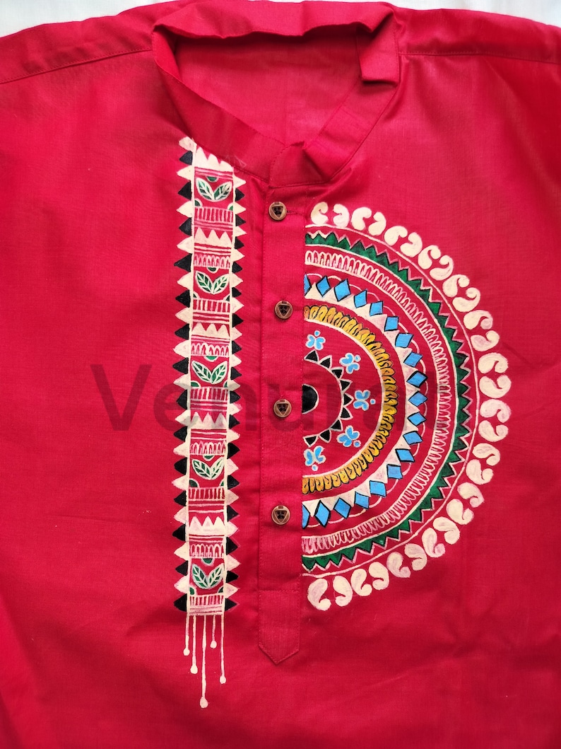Hand painted Pure Cotton Kurta for Men's, Indian Style Men's Kurta, Handpaint Punjabi for Men's, Anniversary Gift image 2