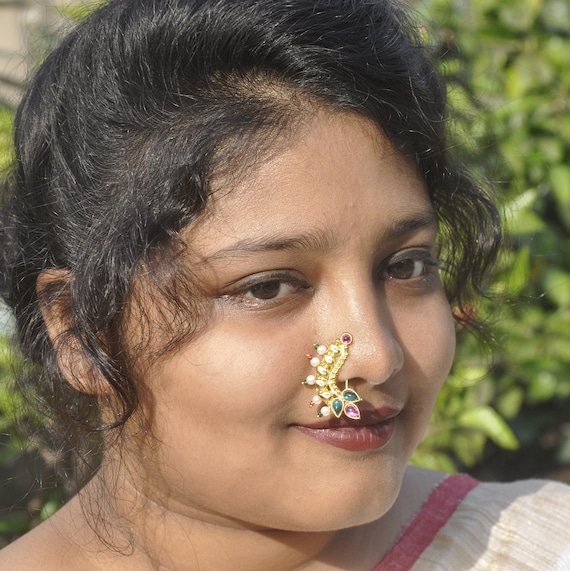 Marathi Nose Pin Golden False Nose Pin White Stone Bollywood