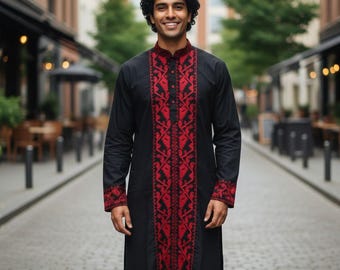 Jamdani Worked Cotton Kurta for Men's, Indian Style Men's Kurta, Black Red Kurta Punjabi for mens, Anniversary Gift, Puja Gift For Men