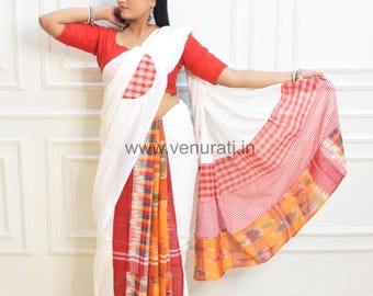 Handgewebter Khadi Baumwoll Saree mit Gamcha Patchwork,