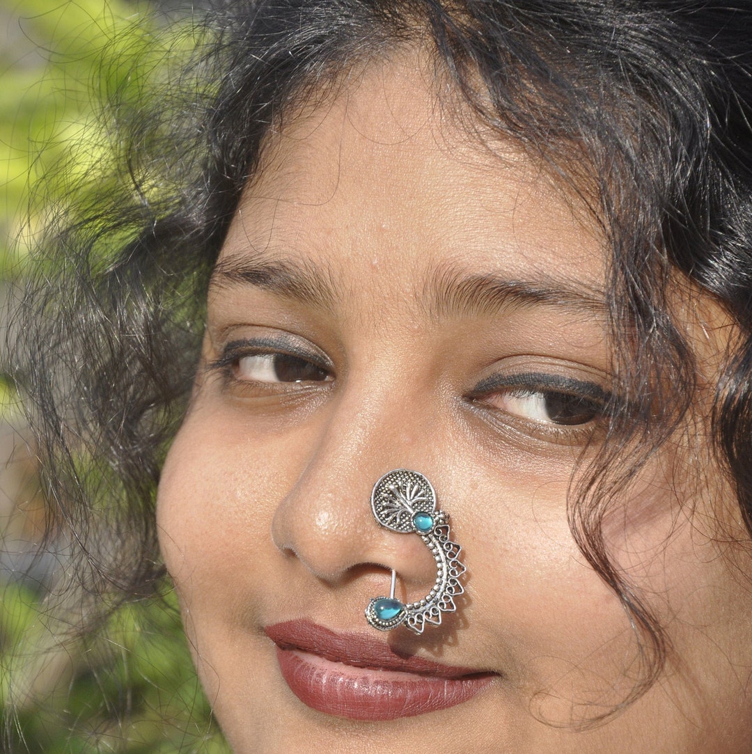 Oxidised Marathi Nose Pin , Silver False Nose Pin ,clip on Nose Ring