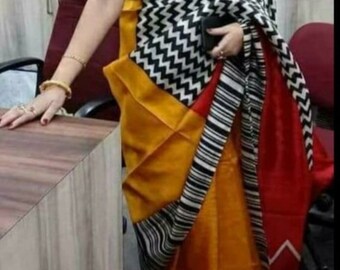 Authentieke zijden sari designer blokprint pure handgeweven zachte murshidabadzijde sari met blouse stuk cadeau voor moeder Silkmark pure zijden sari