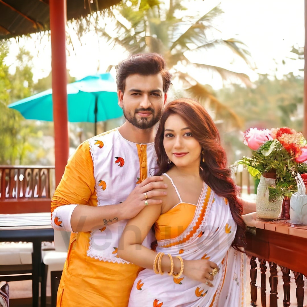 Buy Designer Saree And Punjabi Couple Set With Hand Painted Work Pure Cotton Mens Kurta Cotton Jamdani Saree Online In India - Foto 8
