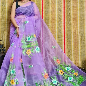 Hand Painted Multicolour Organza Saree, Bollywood Style Party Wear Indian Wedding Saree, Designer Organza Saree, Transparent Saree