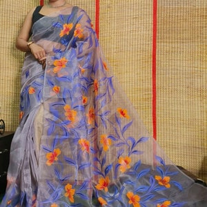 Hand Painted Organza Saree Bollywood Saree Party Wear Saree Indian Wedding Saree, Designer Organza Saree, Transparent Saree
