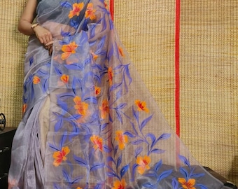 Hand-Painted Floral Organza Saree, Bollywood Party Wear