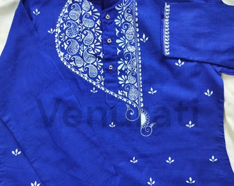 Hand painted Pure Cotton Kurta for Men's, Indian Style Men's Kurta, Handpaint Punjabi for Men's, Gift for Him