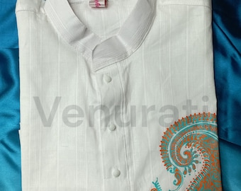 Hand painted Pure Cotton Kurta for Men's, Indian Style Men's Kurta, Handpaint Punjabi for Mens, Gift for Dad