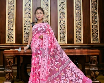 Elegant Pink & Cream Pure Cotton Dhakai Jamdani Saree Handloom Mint Condition AUTHENTIC DHAKAI JAMDANI Please DM or WhatsApp +918925064909  main image 3