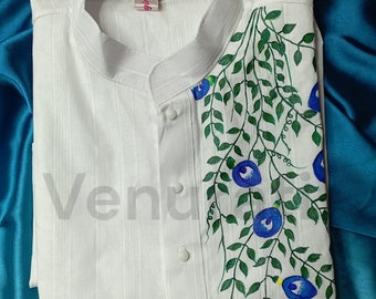 Hand painted Pure Cotton Kurta for Men's, Indian Style Men's Kurta, Handpaint Punjabi for Mens, Gift for Boyfriend