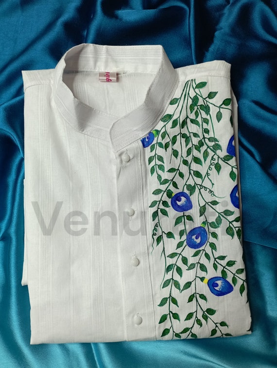 Hand painted Pure Cotton Kurta for Men's, Indian Style Men's Kurta, Handpaint Punjabi for Mens, Gift for Boyfriend