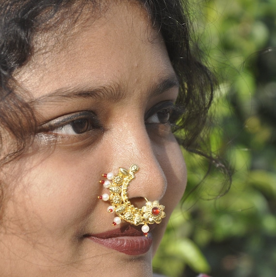 Gold-plated Nose Ring, Green and White Stone Studded Meenakari Nose Ring, Marathi  Nose Ring, Maharashtrian Nose Ring, Nose Ring, Screw Lock - Etsy