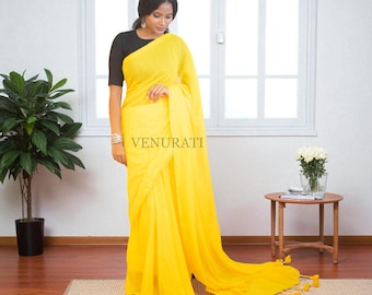 Molmol Cotton Handloom Saree With Beautiful Tassel Simple Cotton Sari Gift for Durga puja Diwali Soft Yellow Cotton Saree for all Purpose