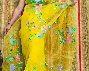Sari en organza multicolore peint à la main, sari de mariage indien de style Bollywood, sari en organza de créateur, sari transparent