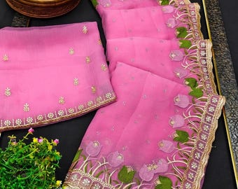 Pure Vari Chiffon Saree with Thread & Jarkan Work | Premium Party Wear Saree with Blouse | Embroidered Chiffon Saree
