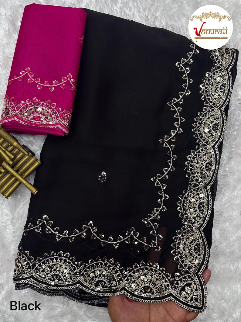 Black Crystal Rangoli Silk Saree With Sequin & Cording Work | Designer ...