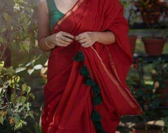 Molmol cotton handloom saree With Zari Border and beautiful Pompom Simple Cotton Sari Gift for Durga puja Diwali