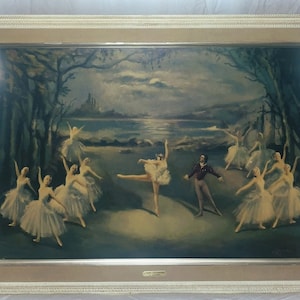 Le lac des cygnes par Carlotta Edwards, impression Turner Manufacturing Company vintage des années 1950