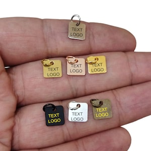 Etichetta personalizzata con incisione laser , Etichetta personalizzata per gioielli ,Etichetta con logo personalizzato con anello di salto , Etichetta quadrata 8x8 mm , Risultati